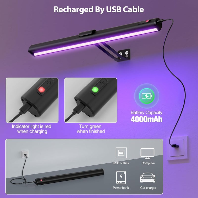 Onforu Black Light for Blacklight Tapestry,15'' Rechargeable Blacklight Picture Light with Remote, 4000mAh Black Light Bar for Fluorescent Poster, Glow in The Dark Party, Bedroom Decor, Party, 2 Pack - Image 2